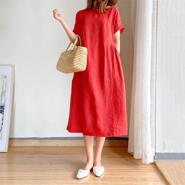 Elris | Vestido Midi de Manga Corta de Lino para Mujeres