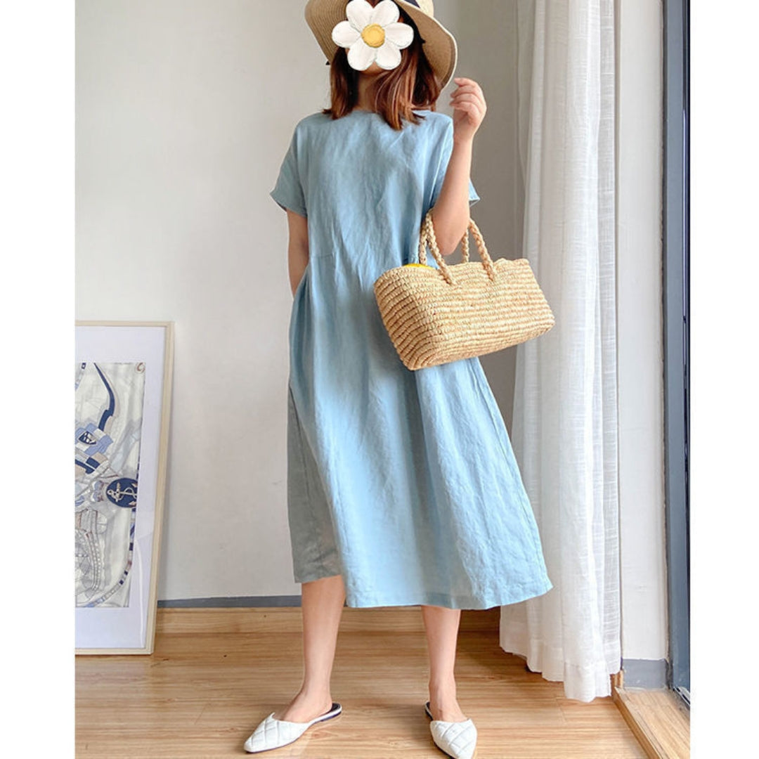 Elris | Vestido Midi de Manga Corta de Lino para Mujeres
