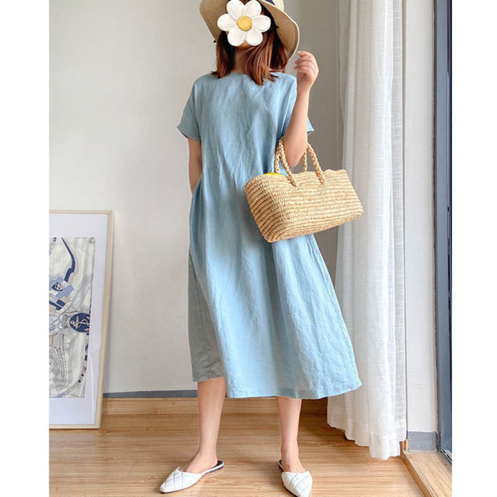 Elris | Vestido Midi de Manga Corta de Lino para Mujeres