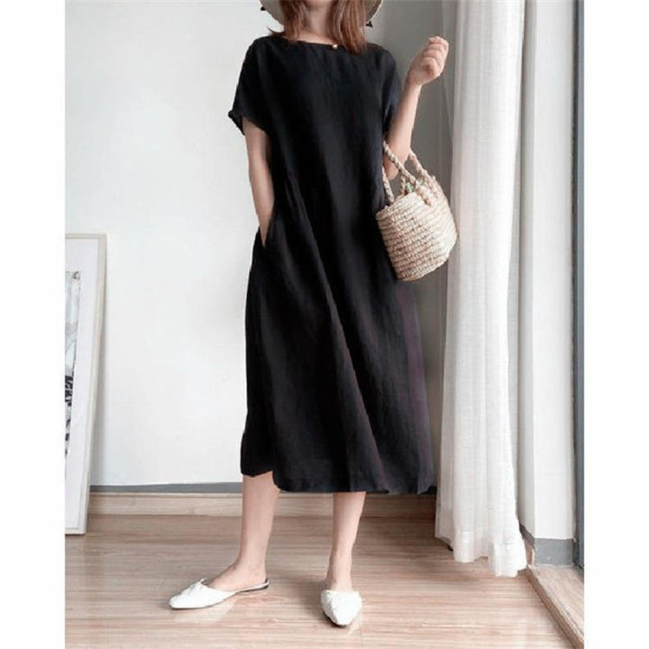 Elris | Vestido Midi de Manga Corta de Lino para Mujeres
