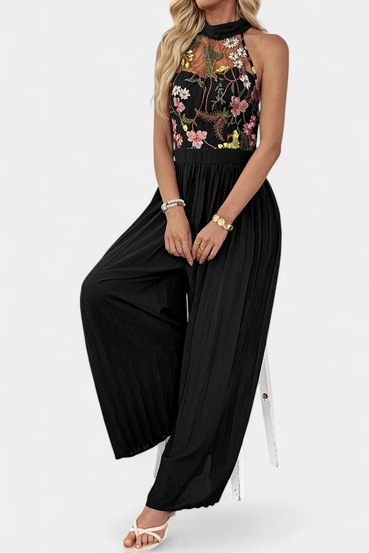 Maruja Mono Palazzo con Bordado Floral y Encaje Transparente