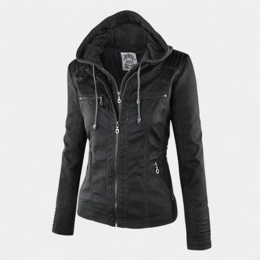 Pia Chaqueta Moderna de Cuero con Capucha