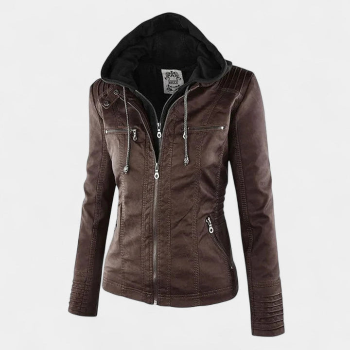 Pia Chaqueta Moderna de Cuero con Capucha
