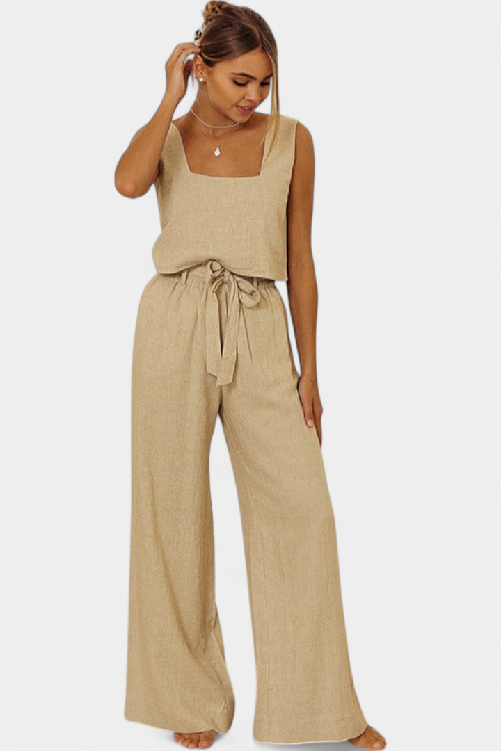 Pascuala Conjunto de Lino de Dos Piezas con Blusa sin Mangas y Pantalón Fluido