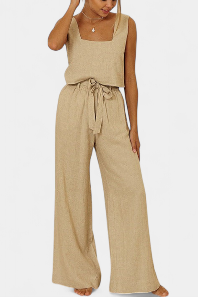 Pascuala Conjunto de Lino de Dos Piezas con Blusa sin Mangas y Pantalón Fluido