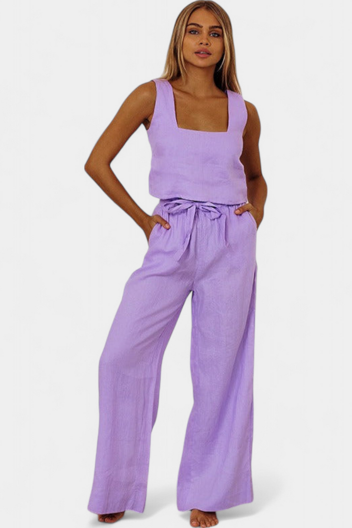 Pascuala Conjunto de Lino de Dos Piezas con Blusa sin Mangas y Pantalón Fluido