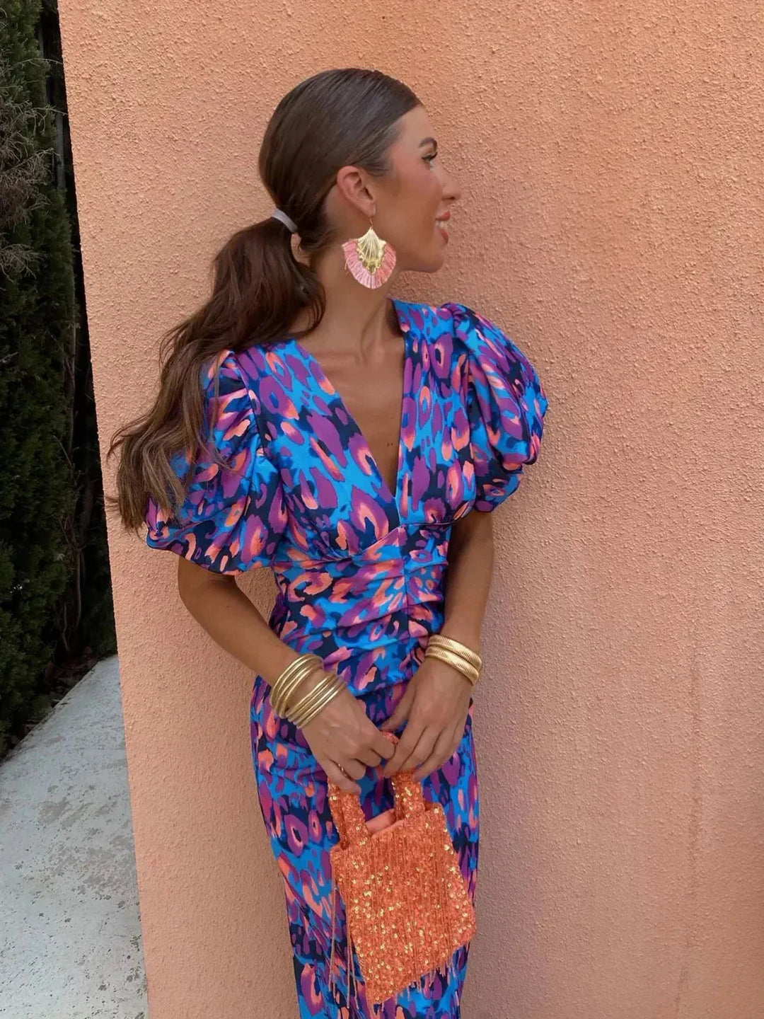 Lolah | Vestido Midi de Cóctel con Mangas Abullonadas para Mujeres