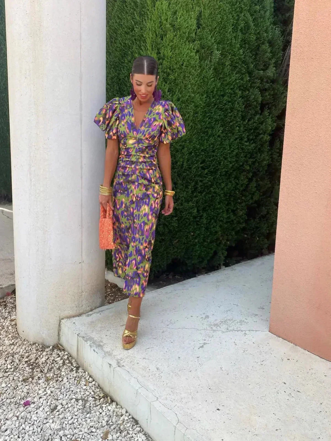 Lolah | Vestido Midi de Cóctel con Mangas Abullonadas para Mujeres