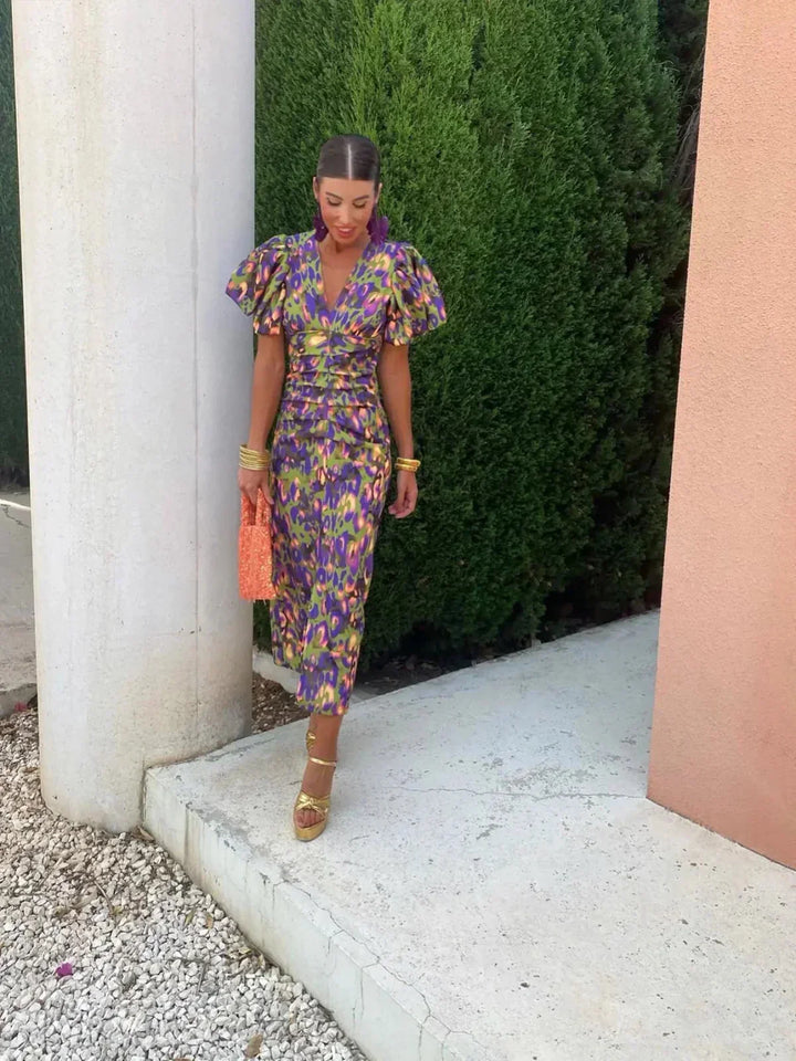 Lolah | Vestido Midi de Cóctel con Mangas Abullonadas para Mujeres