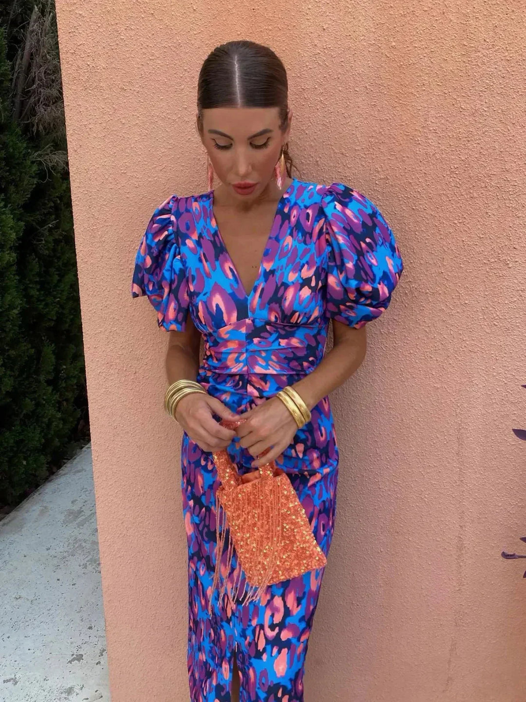Lolah | Vestido Midi de Cóctel con Mangas Abullonadas para Mujeres