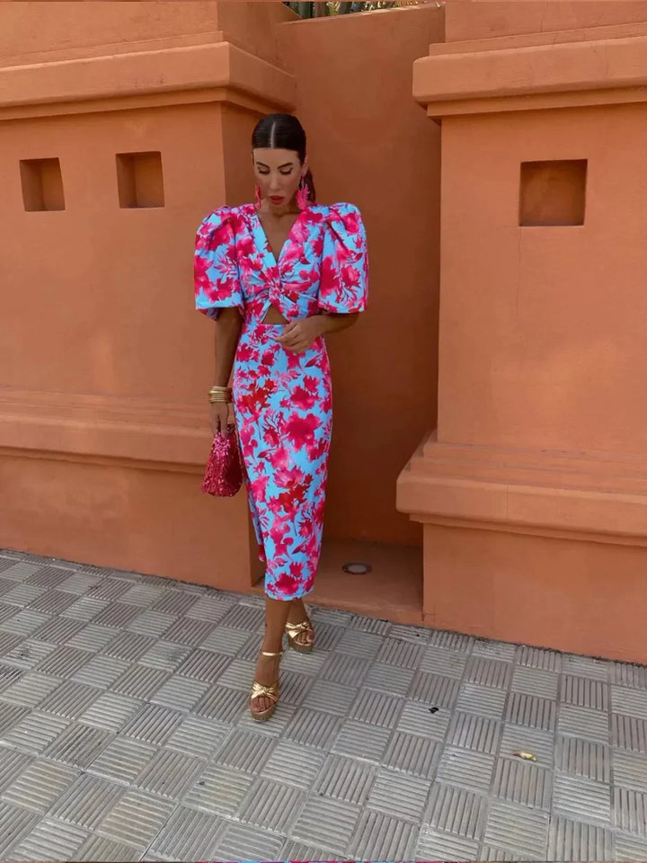Lolah | Vestido Midi de Cóctel con Mangas Abullonadas para Mujeres