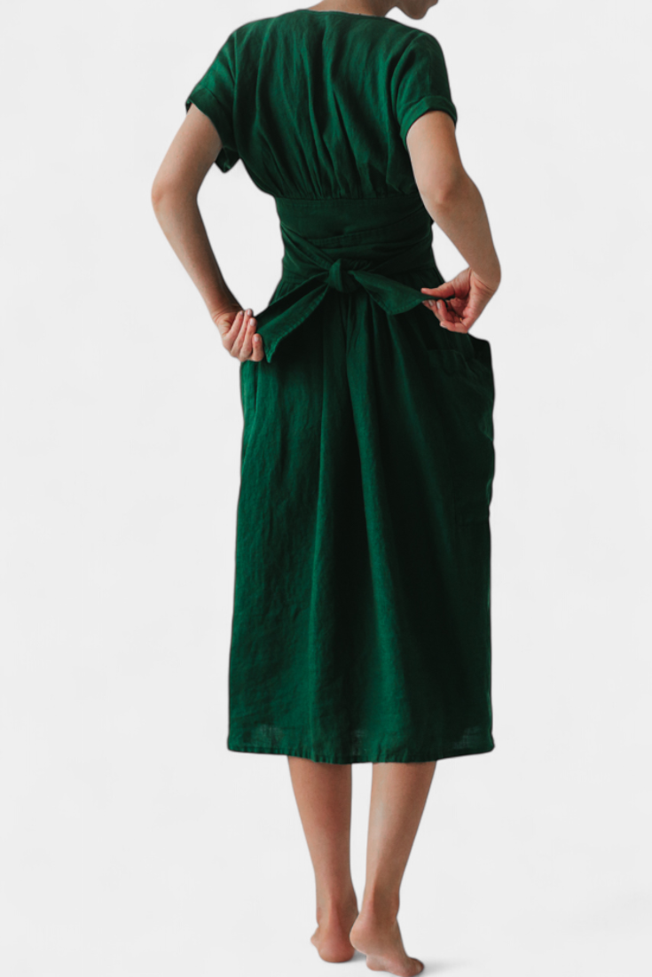 Cressida Vestido de Algodón con Escote en V y Cintura Ajustable