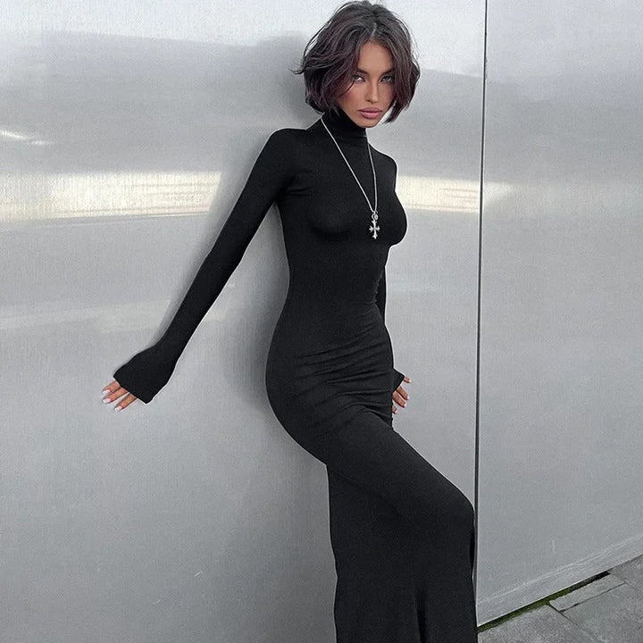Vestido Maxi de Cuello Alto de Manga Larga Negro Formal