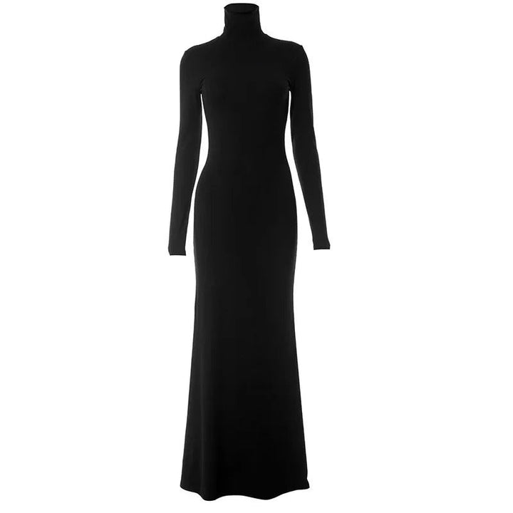 Vestido Maxi de Cuello Alto de Manga Larga Negro Formal